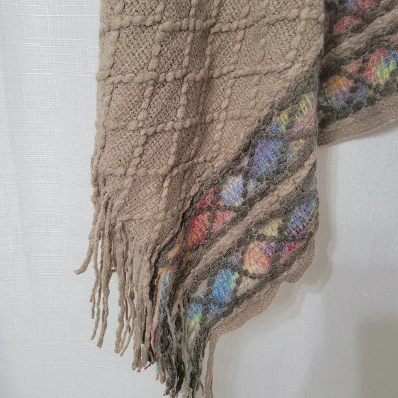 Beige Knit Poncho with Multicolor Accents OS - Picture 6 of 8
